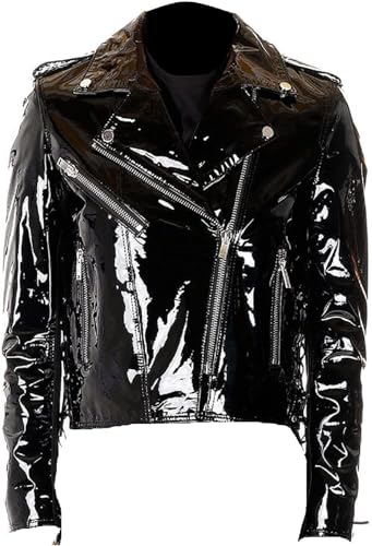 Women's Shiny Patent Leather Jacket Casual Slim Fit Leather Nightclub Party Clubwear Motorcycle Jacket, Small