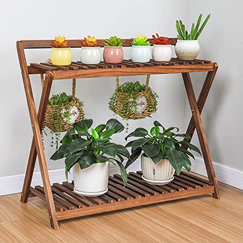 Tovacu Indoor Plant Stand For Multiple Plants 2 Tier Wood Corner Plant Shelf Rack With Planter Hanger Outdoor Flower Pot Stand Holder For Yard Patio Garden Balcony Porch Living Room ( Rustic X-Cross) #TOP6