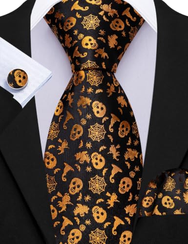 Image of Barry.Wang Men Tie Sets Skull Extra Long Necktie Pocket Square Cufflinks