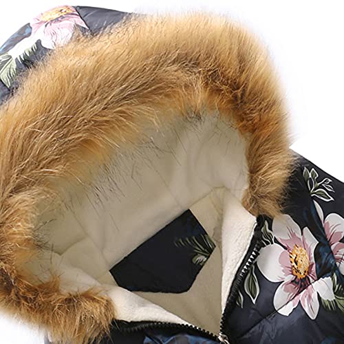 Kids Girls Boys Light Puffer Floral Print Hoodie Zip Up Fleece Fall Winter Jacket Puffer Jacket Hooded (Navy, 6-7 Years)2