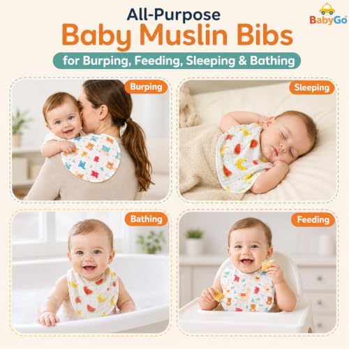 Image of BabyGo Muslin Cotton Baby Bibs | Pure Cotton 8-Layer Gentle & Breathable Feeding Bibs with Cute Cartoon Prints | Soft, Durable & Reusable Drool Bibs for Babies, Kids & Toddlers | Set of 3 (Multicolor)