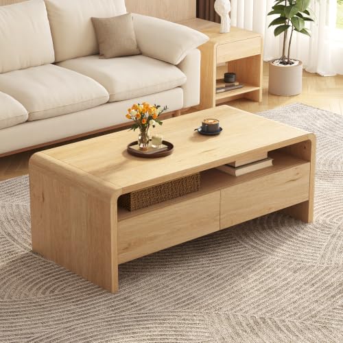 Image of LUXOAK 100cm Coffee Table with 2 Drawers and Open Shelf (Light Oak)