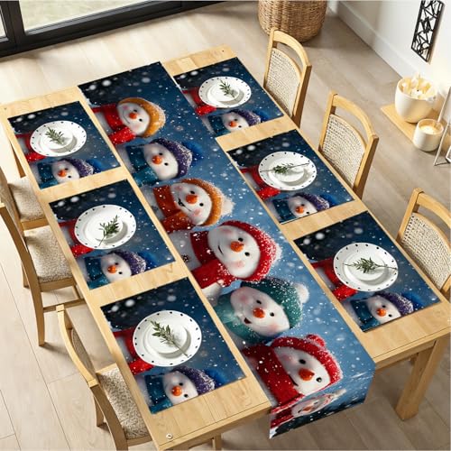 Christmas Table Runners and Placemats Set of 6, Snowmen with