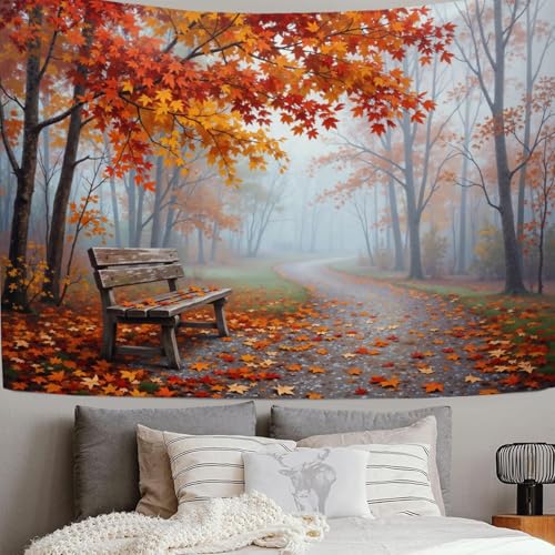 Arazzo da parete cache-mur thermique et acoustique 230x180cm motif feuilles d'automne orange