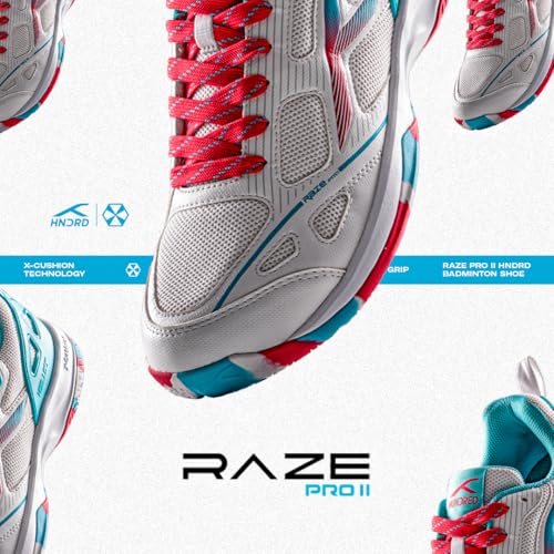 Image of Hundred Raze Pro II Badminton Shoes (Non Marking) Indoor Sports | Lightweight & Durable | X-Cushion | Active Grip Sole | Extended Heel Lock (White /Turquoise /Red ; UK 10)