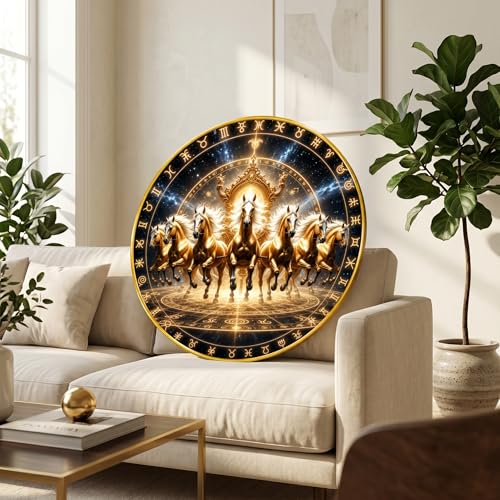 Image of SAF Om Golden Horse Vastu Round Wall Painting with Premium PVC Golden Frame, Zodiac Chakra Spiritual Art for Living Room Office Home Decor Gift (23 x 23 Inch) GR-444