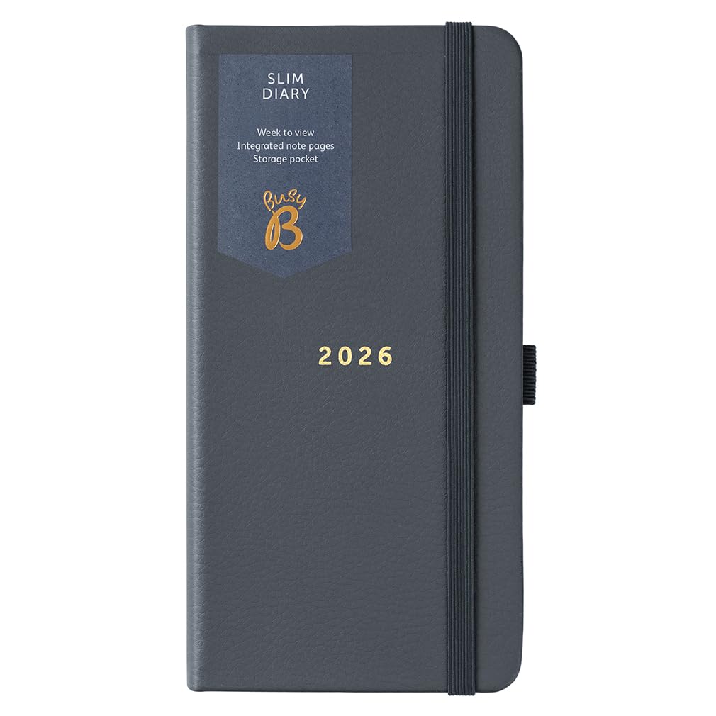 Busy B 2026 Slim Weekly Planner Diary with Charcoal Faux Leather Cover - Compact Design Pocket Diary, Week to View Layout, Notes Pages & Storage Pocket - Handbag-Sized Journal for Organisation