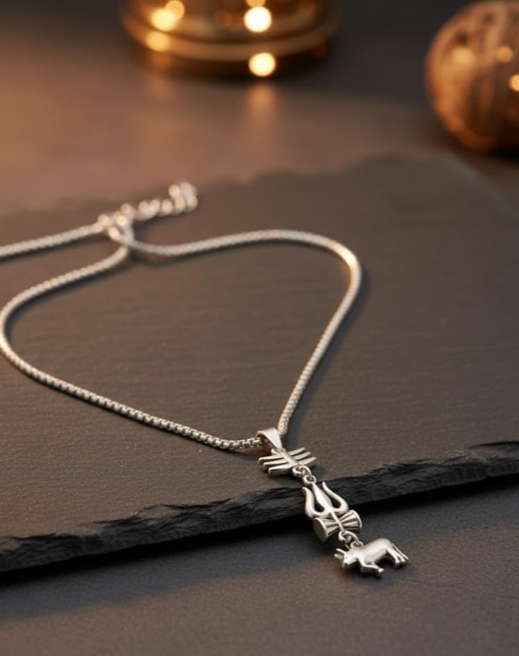 Image of Trishul Damru Nandi Pendant Necklace for Men | Silver Plated Mahadev Shiv Chain | Spiritual Religious Stainless Steel Look Jewelry for Daily Wear & Gifting