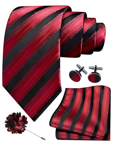 Image of GUSLESON 3.15 inch(8cm) Mens Stripe Tie and Lapel Pin Necktie Hankerchief Cufflinks Set for Men