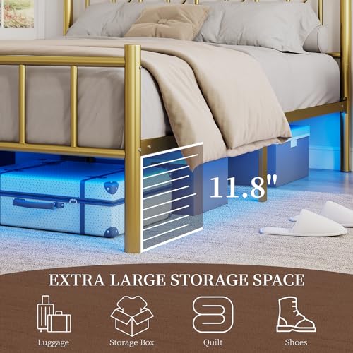 Luxoak BMB016 Queen Size Metal Bed Frame With Adjustable Headboard, Led Lights Bed Frame With Vintage Footboard, Heavy Duty Slats, No Box Spring Needed, Gold thumb #3