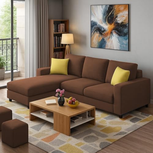 Image of Casaliving Rolando 4 Seater L Shape Sofa Set with 2 Puffy for Living Room (Brown) Left Side Sofa Set for Living Room | Hall| Office Room