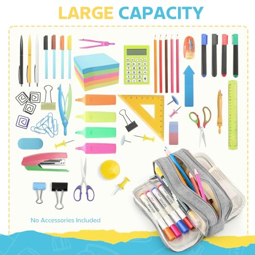 Image of Large Capacity Pencil Case Pencil Pouch Pen Bag with 3 Compartment Stationery Organizer with Zipper, School Supplies Organizer for Teen Adults (Grey)