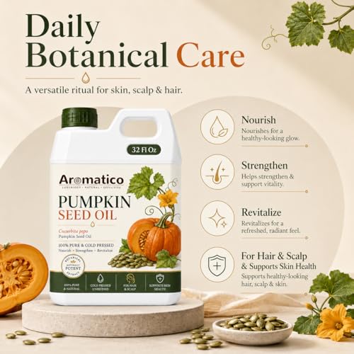 Image of AROMATICO Pumpkin Oil for Skin, Hair and Body Care, Multipurpose Carrier Oil for Massage, Scalp Care, Dry Skin Routine, DIY Beauty and Natural Glow - 946 ml