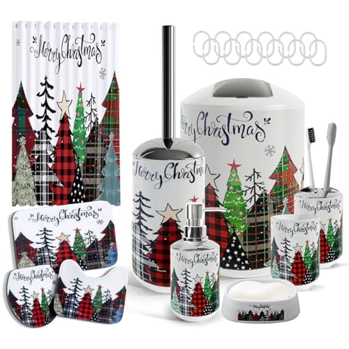 Clara Clark Bathroom Set - Christmas Bathroom Sets with Shower Curtain and Rugs, Xmas Bathroom Accessories Set, 22PC Christmas Shower Curtain Set with Liner, Soap Dispenser, Toilet Brush, & Trash Can by Clara Clark - Used condition - US$14.58