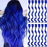 GPOVVIMX 12 PCS Blue Hair Extensions Clip in, Curly Wavy Colored Extension for Kids Girls - Party Highlights Synthetic Hairpiece 17 inch