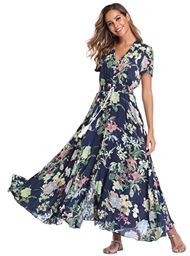 Image of VintageClothing Women's Floral Maxi Dresses Boho Button Up Split Summer Casual Long Dress Beach Party Dress