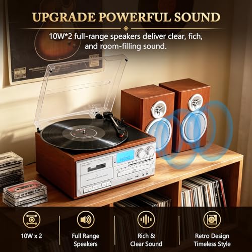 Image of Record Player with Two Full-Range External Speakers 10 in 1 Vintage Turntable CD Cassette Tape Player AM FM Radio 3 Speed BT Input & Output LP Players Support USB SD AUX RCA Auto Stop Retro Red Brown