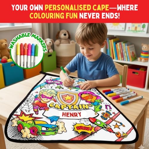 Image of PepPlay Superhero Cape Coloring Kit - Personalised Cotton Cape, Comic Heroes & Shields | Eye Mask + 6 Washable Markers | Reusable Pretend Play Birthday Return Gift for Boys Age 4-8