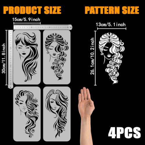 FINGERINSPIRE 4 Pcs Long Hair Woman Face Painting Large Stencil 30x15cm PET Beautiful Girl Spraying Big Stencil Reusable Lady Line Art Face Wall Stencil Woman Themes Huge Stencil for DIY Scrapbook - Image 2