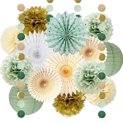 Salbeigrüne Partydekorationen Salbeigrünes Creme Gold Seidenpapier Pom Poms Papierfächer Olive Salbei Gold Kreispunkte Girlande für Salbei Geburtstag Babyparty Verlobung Brautparty Hochzeitsparty