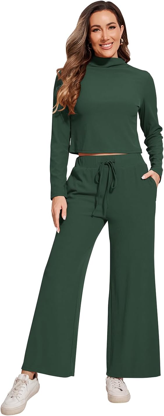 FANCYINN Women's Two Piece Outfits Long Sleeve Mock Neck Tops Drawstring Wide Leg Pants Fall Lounge Sets with Pockets - Image 2