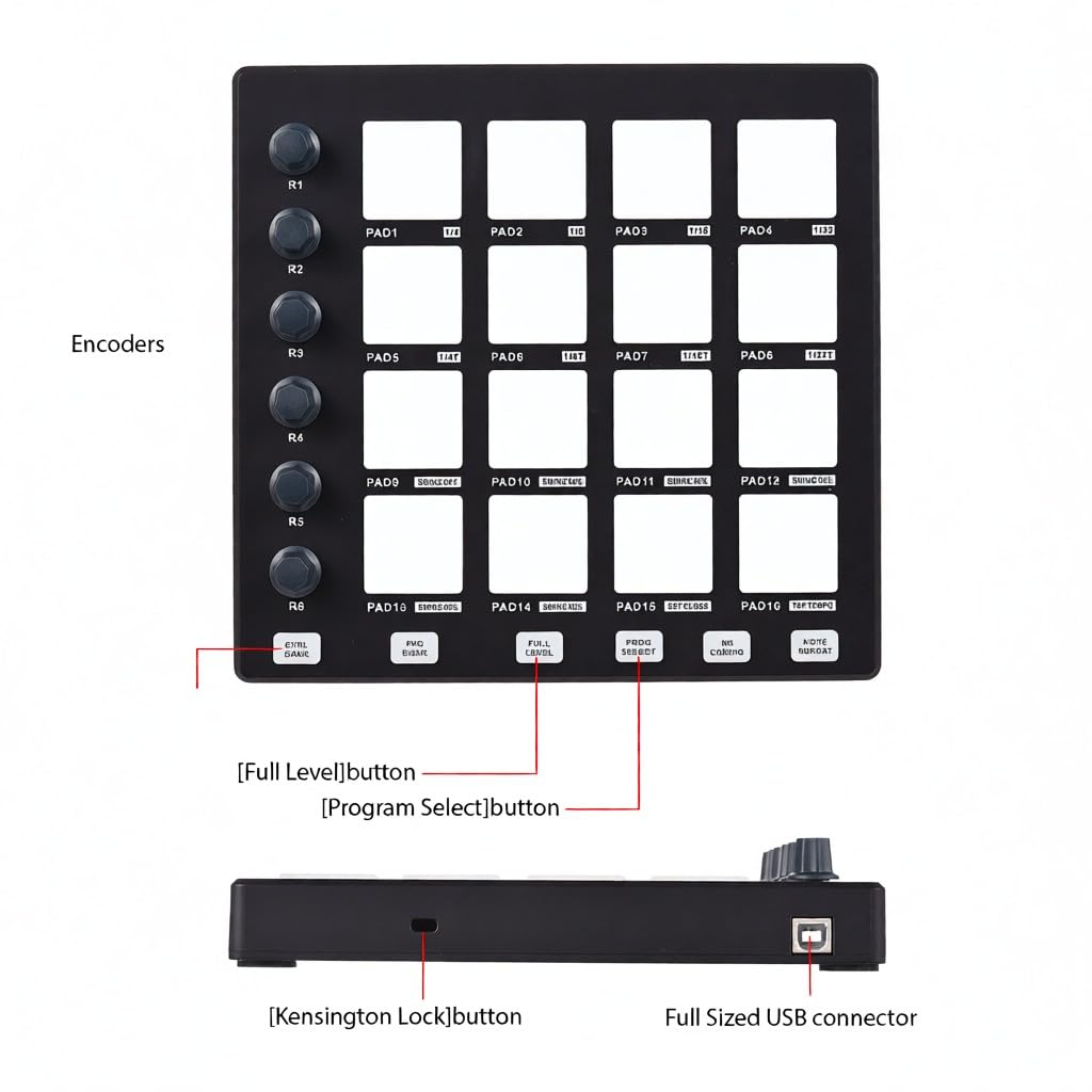 Máquina de creación ritmos controlador MIDI portátil con 6 perillas asignables repetición notas botones nivel completo y software producción pad USB para musical principiantes
