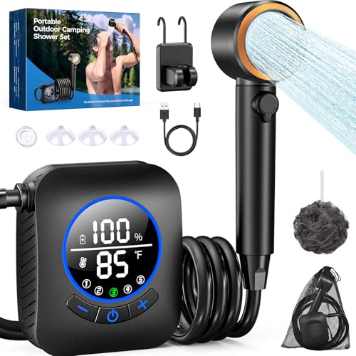 Docusvect Portable Shower for Camping 8000mAh with 3X Stronger Water Flow, Portable Camping Shower with 5 Pressure Levels, 4 Spray Modes, 26oz Ultra Lightweight, IPX8 Waterproof