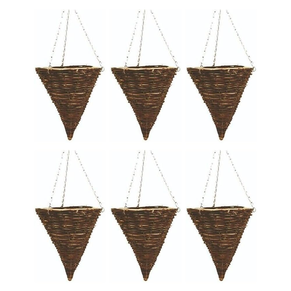 Wicker Basket Planters – Natural Rattan Willow Hanging Flower Pots with Polythene Liner & Metal Chain – Large Decorative Cone Shaped Hanging Planters for Indoor & Outdoor (Cone 36cm, 14Inch x 6Pack)