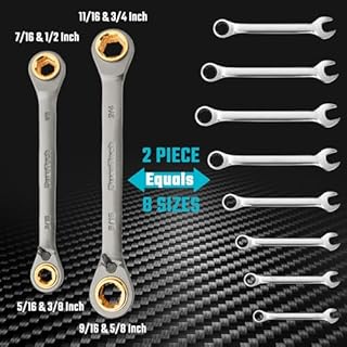 DURATECH Anti-slip 4-in-1 Reversible Ratcheting Box Wrench Set, Double Box End, SAE, 2-Piece, 5/16, 3/8, 7/16, 1/2 & 9/16, 5/8, 11/16, 3/4-Inch, CR-V Steel, Nickel Plated, with Rolling Pouch