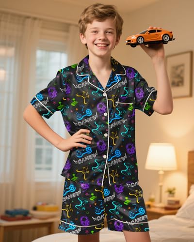 Fiodrimy Boys Pajamas Big Boys Satin PJS Set Summer Short Sleeve Button Down Kids Silky Pajama Lounge Sleepwear Size 8-142