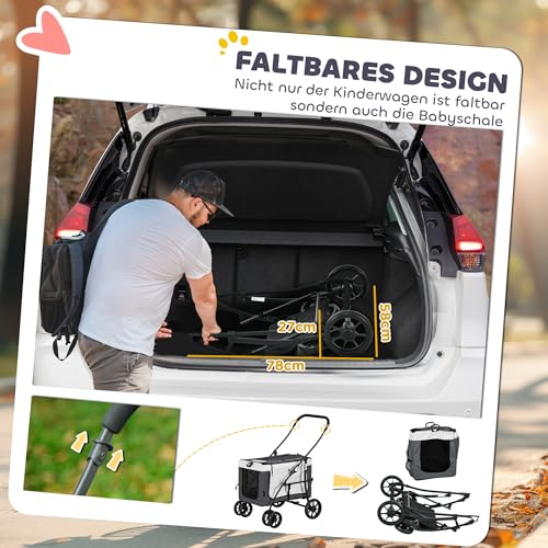PawHut 2 in 1 Hundewagen Hundebuggy klappbar für Hunde & Katzen bis 10 kg Katzenbuggy mit Kissen Netzfenstern Türen Aufbewahrungskorb Katzenwagen Buggy Grau