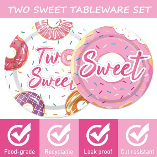 Image of ZOIIWA 96 Pcs Two Sweet Donut Birthday Party Supplies Girls Donut Themed Tableware Table Decor Baby Girl 2nd Birthday Paper Plates Napkins Disposable Dinnerware Party Favor for Baby Shower 24 Guests