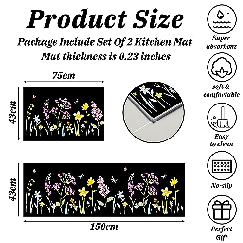 MIQEBX 2 Pcs Kitchen Rugs and Mats,Anti Fatigue Kitchen Rug Sets,Comfort Floor Mats Washable Non Slip Kitchen Rug Runner for Office Sink Laundry (Flowers B - Image 2