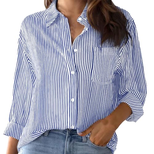 Camisa de algodón a rayas para mujer, blusas de manga larga de gran tamaño, camisas de vestir, camisetas de trabajo, parte superior Shir, azul, L