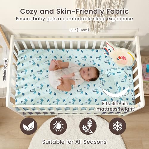 Image of david's kids 3 Pack Mini Crib Sheets, Soft Breathable Premium Pack N Play Sheets for Baby Boys Girls Neutral, Playard and Mini Crib Mattresses, Dinosaur Blue
