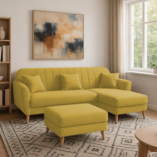 Image of Atticus RHS 4 Seater L Shape Sofa Set with Ottoman for Living Room (Yellow Fabric) Premium Fabric Sofa Set