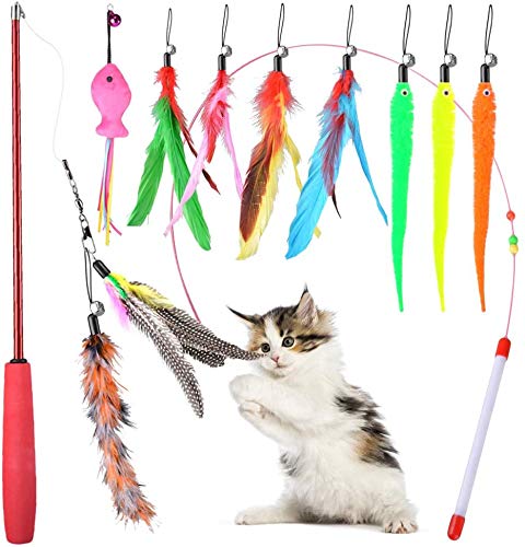 Qoosea Cat Teaser Retractable Cat Toys Feather Teaser Cat Toy 10 Cat Wand Feather Interactive Toys with Beads Bells and Feather Refills Set