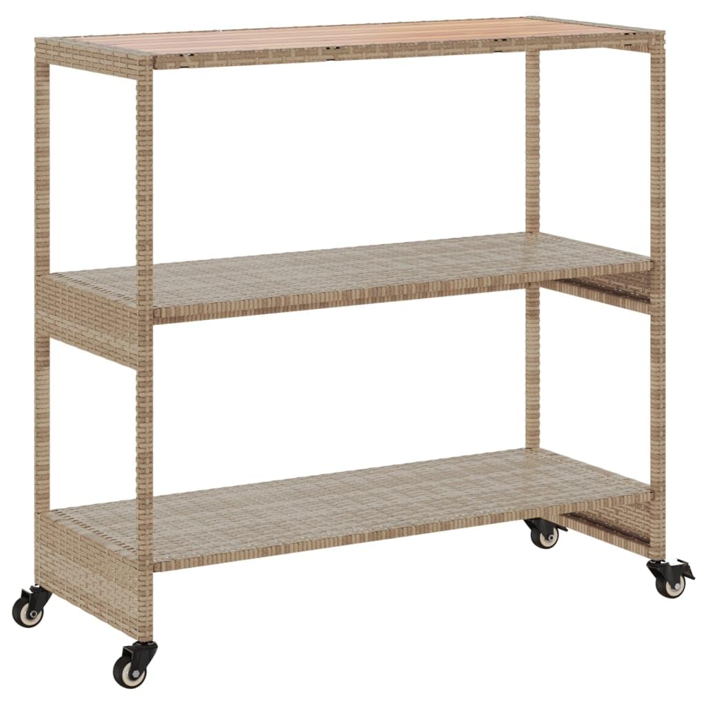 Carrito de bar con 3 baldas de ratán sintético beige y madera maciza de acacia, robusto carrito de servicio con estructura de acero y 4 ruedas para interior y exterior, ideal como carrito de