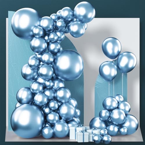 Image of PartyWoo Metallic Light Blue Balloons 100 pcs Different Sizes of 18 12 10 5 Inch Metallic Baby Blue Latex Balloon Arch Kit Garland for Graduation Baby Shower Birthday Party Decorations Blue-G119