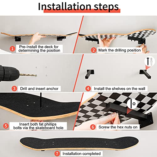 Image of Skateboard Wall Mount, Longboard Skateboard Deck Rack Mount on Wall, Skateboards Floating Shelves Brackets, 4 Pack