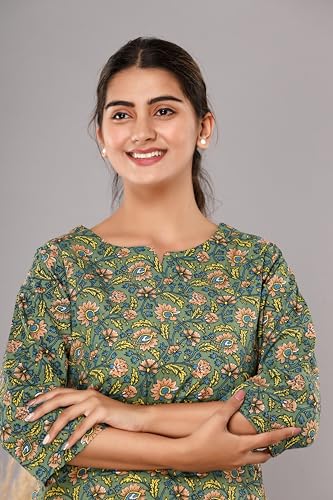 Image of Women Printed 1 top, 1 Pyjama Cotton KC316 Green 2 Night Suit Set