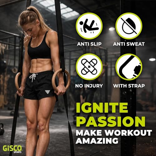 Image of GISCO Wooden Gymnastic Rings | 300 kg Load Capacity | Adjustable Straps with Metal Buckles | Calisthenics & Strength Training for Home Workout (Set of 2)