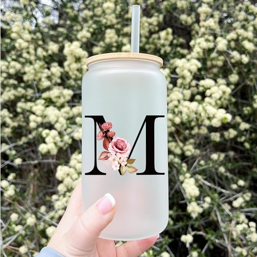 mozaba Personalized Gifts for Women, Monogrammed Frosted Glass Tumbler with Straw and Lid, Cute Customized Mug - Image 4