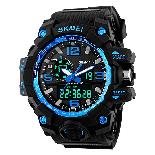 BesWLZ Men Large Dual Dial Analog Digital Quartz Multifunction 50M Water Resistant Watches (Blue)