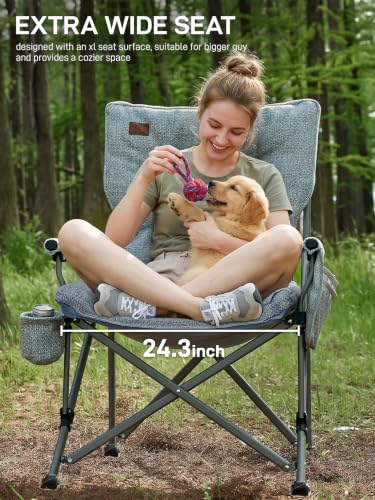 Image of EVER ADVANCED Padded Oversized Folding Camping Chair for Adults, Heavy Duty Lawn Chair with Side Pockets, Portable Collapsible Quad Chair for Outside, Support Up to 500lbs, Light Blue