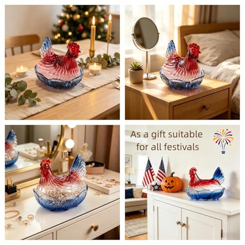 6.9" AIMINTSEN Glass Hen on Nest Candy Dish w/ Lid (Red/White/Blue) - image 6
