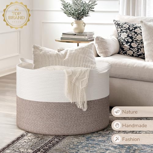 Image of INDRESSME 115L Extra Large Blanket Basket, Soft Cotton Rope Storage Basket for Organizing, Home Decor, Toys, Laundry & Towels, Toy Storage Organizer for Living Room & Nursery, White & Brown