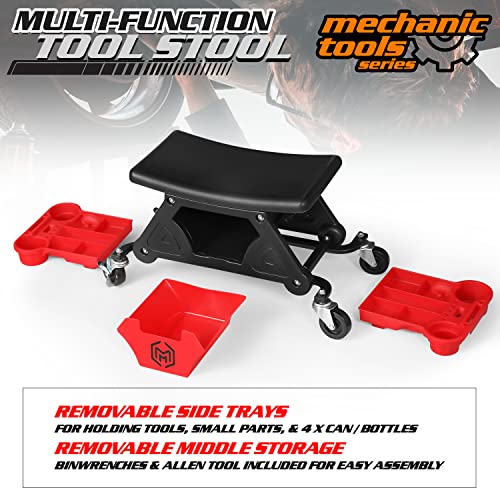 M-Auto Rolling Mechanic Stool Garage Roller Chair Creeper Seat W/Storage Tool Tray And Drawers,300Lbs Capacity Workbench Stool With Lockable Rollers For Home Garage Diy Automotive, 25" Red #TOP7