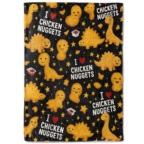coedoaes Chicken Nugget Dinosaur Fleece Blanket 50x60in Smiling Dino Shaped Nuggets Star Black Throw Blankets Soft Cozy Lightweight Ideal for Bed Living Room Home Food Themed Decor Kids Gifts