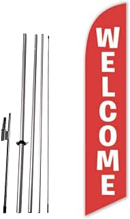 Welcome (Red) Advertising Feather Flag Banner with Complete 15ft Pole kit and Ground Spike